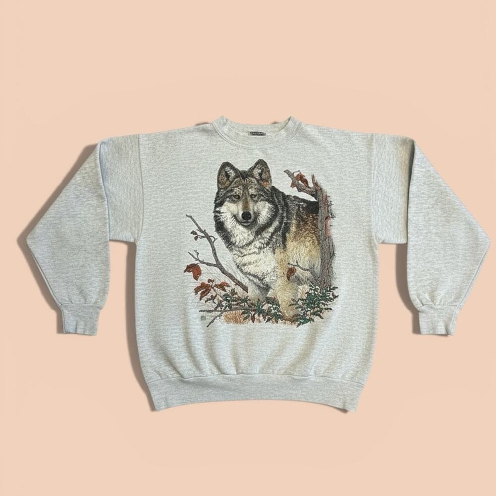 Vintage Cotton Grove Design Light Heather Gray Wolf Sweatshirt